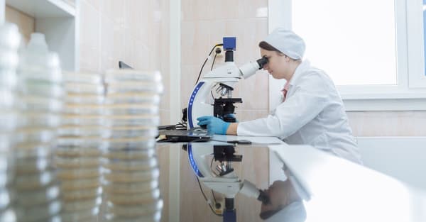 Female scientist using a microscope in a laboratory environment, focusing on research.