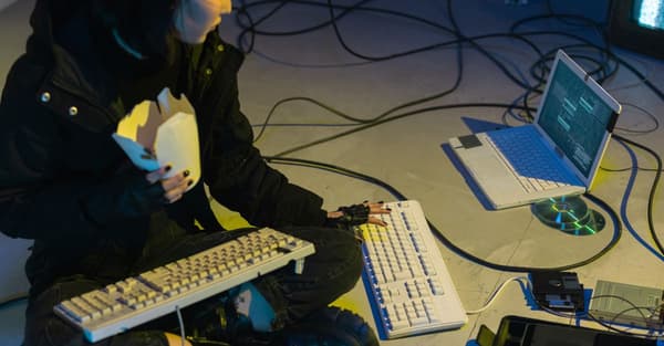 A young woman in a dark room surrounded by computers and cables, eating and typing on keyboards.