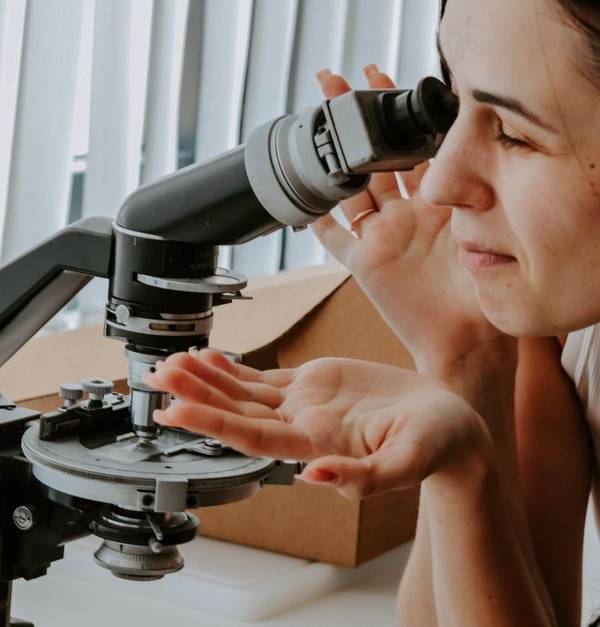 A female researcher examines samples with a microscope in a laboratory setting.