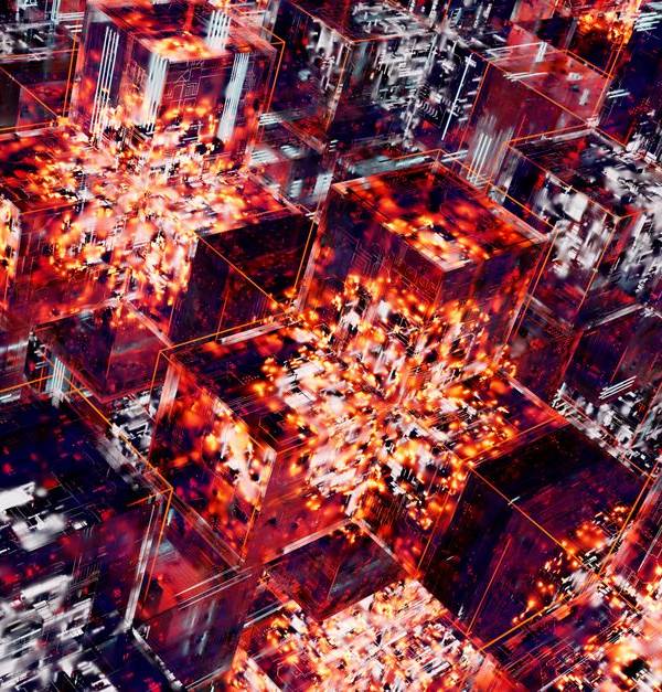 Abstract image featuring digital cubes with vibrant LED lighting effects, representing technology.