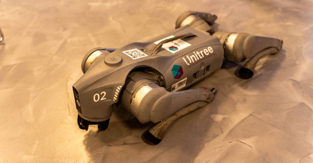A Unitree robot dog resting on an indoor concrete floor.