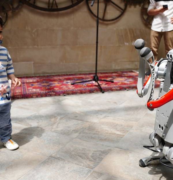 A young boy engages with a humanoid robot during an indoor tech exhibition, symbolizing future innovation.