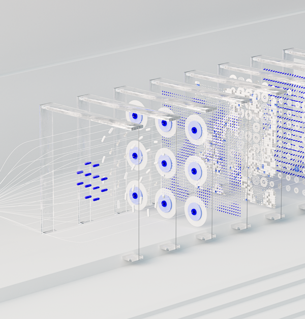 Visual abstraction of neural networks in AI technology, featuring data flow and algorithms.