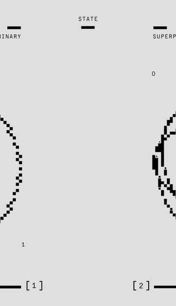 Illustration depicting classical binary bit and quantum qubit states in superposition and binary.