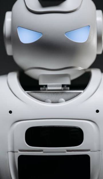 Detailed studio shot of a modern robotic toy with a dark background, showcasing technological design.