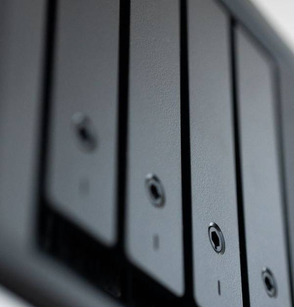 Detailed view of a black data storage unit highlighting modern technology and data management.