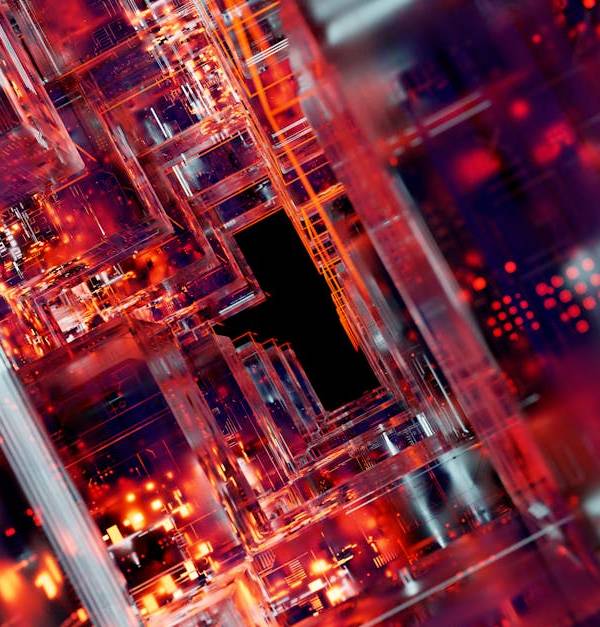Stunning abstract view of futuristic digital circuitry with glowing effects.