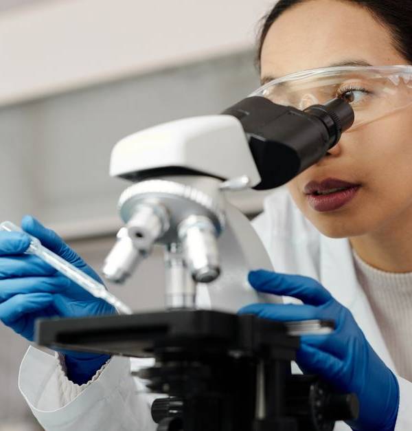 A female scientist examines samples using a microscope in a laboratory setting.