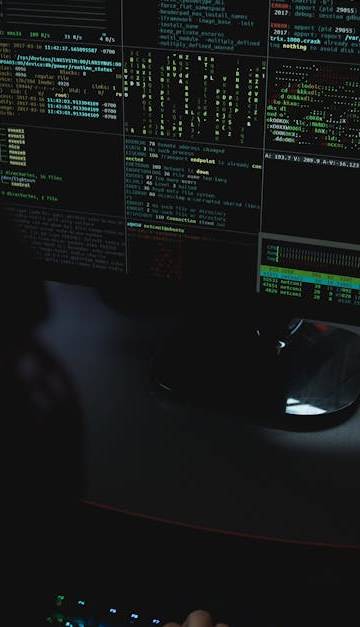 Dark room setup with code displayed on PC monitors highlighting cybersecurity themes.