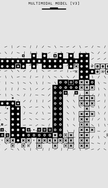 Abstract representation of a multimodal model with vectorized patterns and symbols in monochrome.