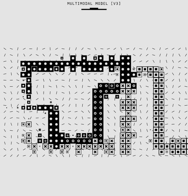 Abstract representation of a multimodal model with vectorized patterns and symbols in monochrome.