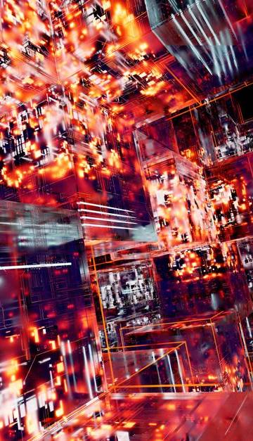 Abstract digital artwork featuring futuristic cubes with glowing neon lights and intricate patterns.