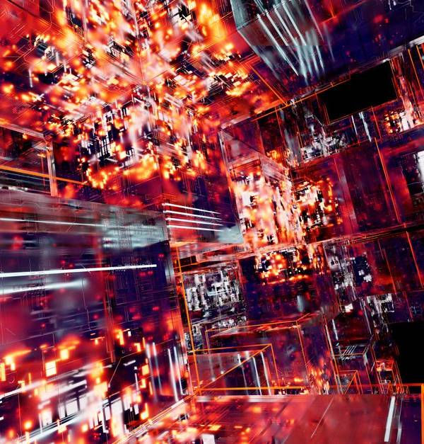 Abstract digital artwork featuring futuristic cubes with glowing neon lights and intricate patterns.