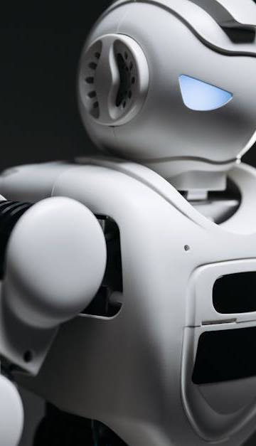 High-detail close-up image of a white robot with glowing eyes in studio lighting. Modern tech innovation.