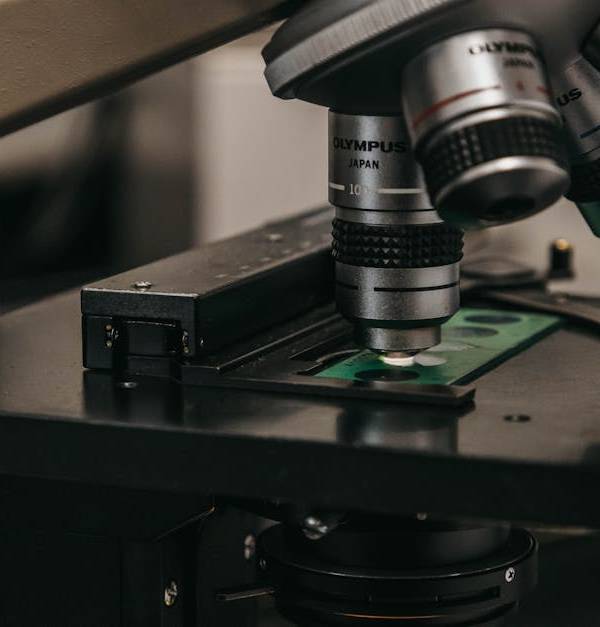 Detailed view of a laboratory microscope, essential for scientific research and analysis.
