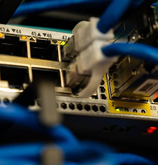 Close-up image of ethernet cables plugged into a network switch, showcasing IT infrastructure.