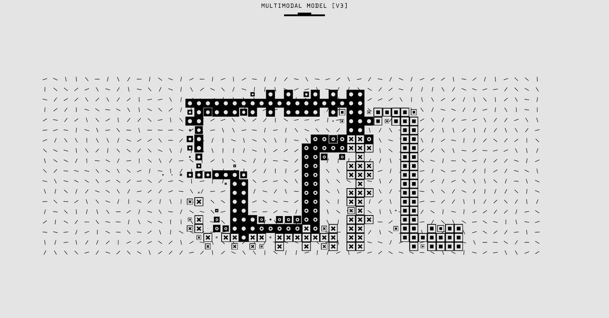 Abstract representation of a multimodal model with vectorized patterns and symbols in monochrome.
