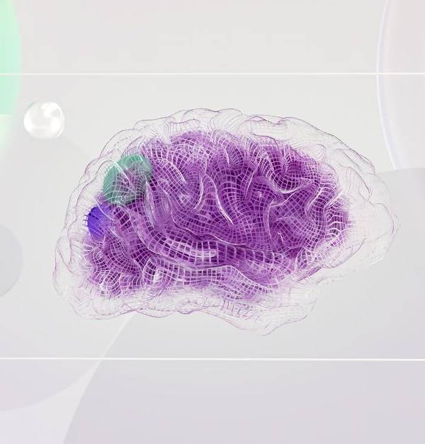 3D rendered abstract design featuring a digital brain visual with vibrant colors.