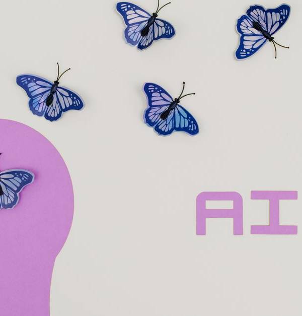 Surreal AI conceptual art featuring butterflies and a human head silhouette in a minimalistic style.