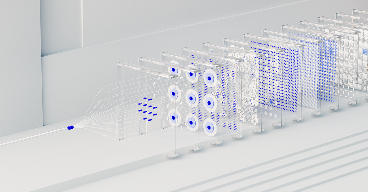 Visual abstraction of neural networks in AI technology, featuring data flow and algorithms.