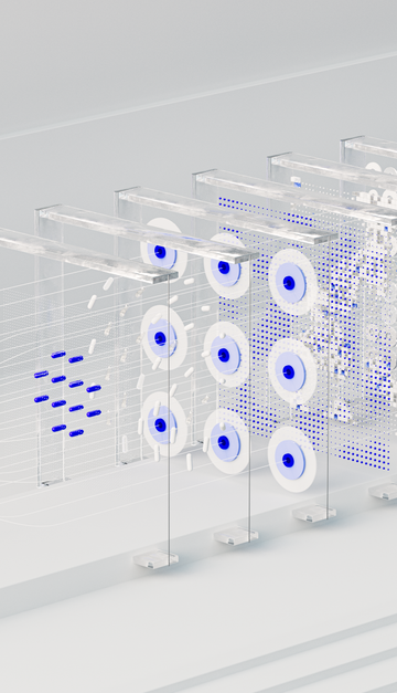 Visual abstraction of neural networks in AI technology, featuring data flow and algorithms.