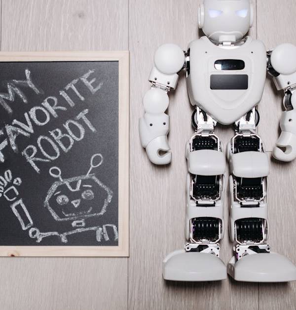 Overhead shot of a robot toy alongside a chalkboard drawing, on a light wooden floor.
