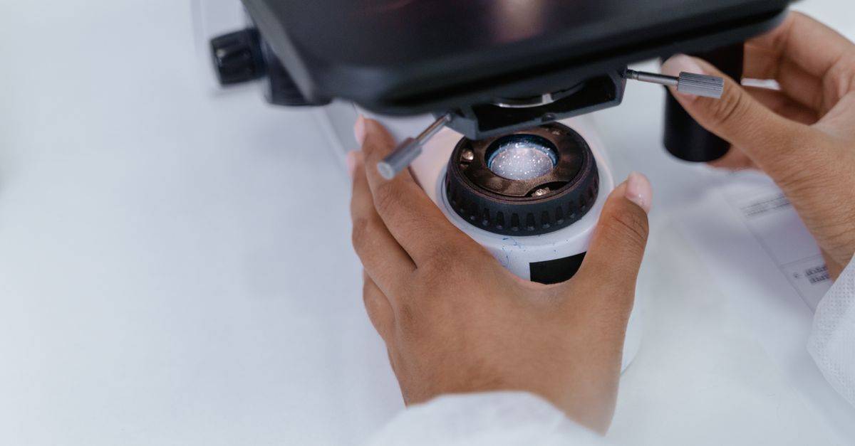 A scientist adjusts a microscope in a laboratory setting, focusing on the sample.