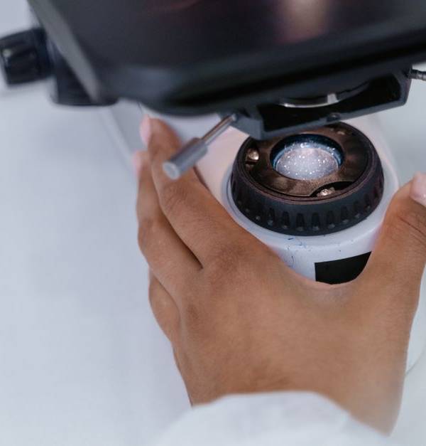 A scientist adjusts a microscope in a laboratory setting, focusing on the sample.