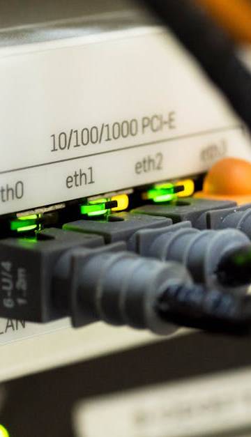 Detailed close-up of ethernet cables and network connections on a router, showcasing modern technology.