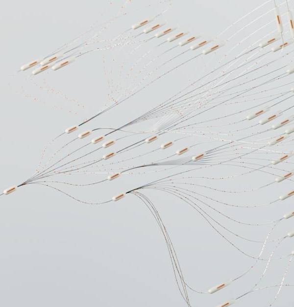 Abstract illustration depicting complex digital neural networks and data flow.