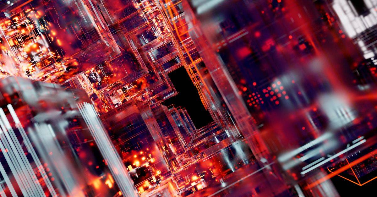Stunning abstract view of futuristic digital circuitry with glowing effects.