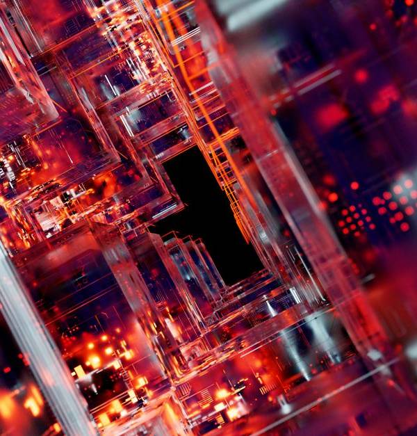 Stunning abstract view of futuristic digital circuitry with glowing effects.