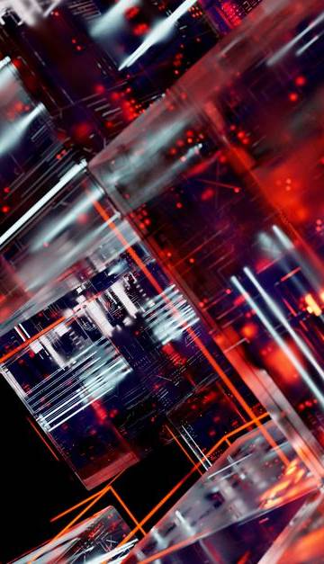 Abstract futuristic cyber landscape with digital matrix and glowing lights.