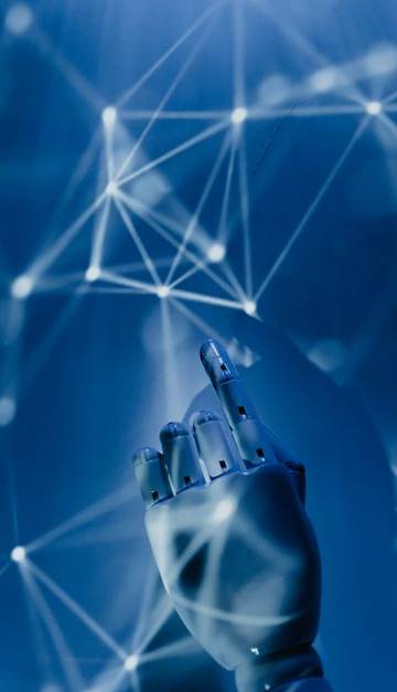 A robotic hand reaching into a digital network on a blue background, symbolizing AI technology.