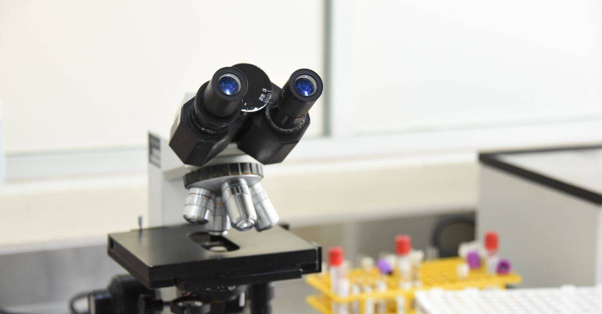 A close-up of a laboratory microscope with test tubes in a scientific research facility.