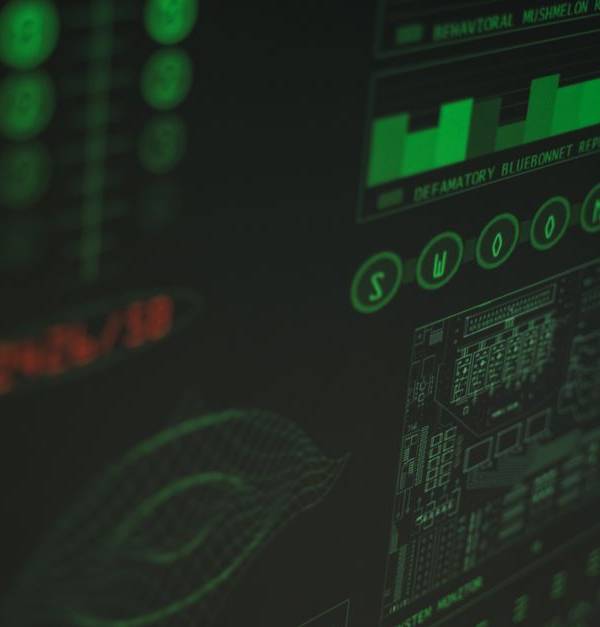 Close-up view of a computer displaying cybersecurity and data protection interfaces in green tones.