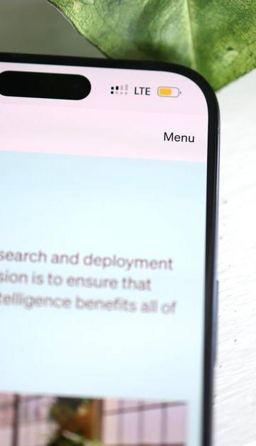 Close-up shot of a smartphone screen showing the OpenAI website with greenery in the background.