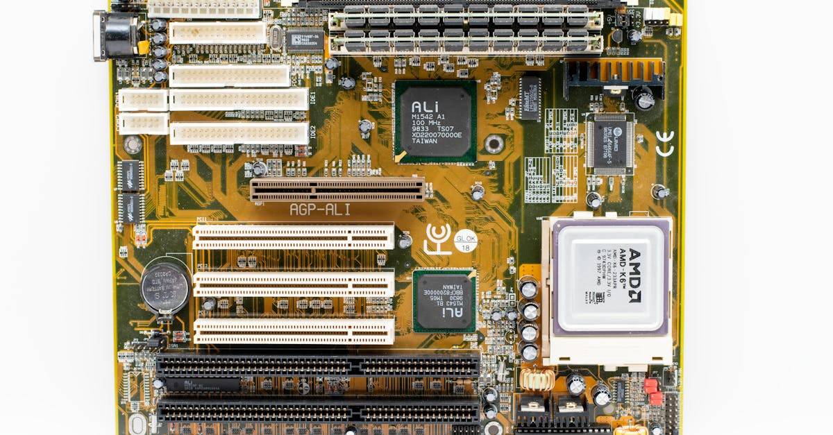 High-angle view of a vintage AMD motherboard showcasing PCI and AGP slots.