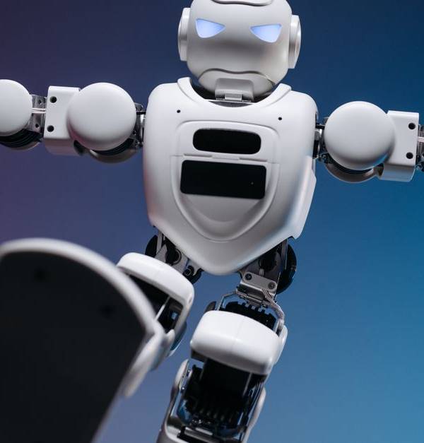 Close-up of a humanoid robot in motion, showcasing modern robotics innovation.