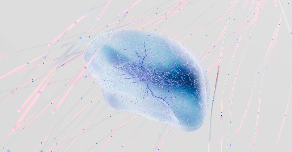 A 3D rendering of a neural network with abstract neuron connections in soft colors.