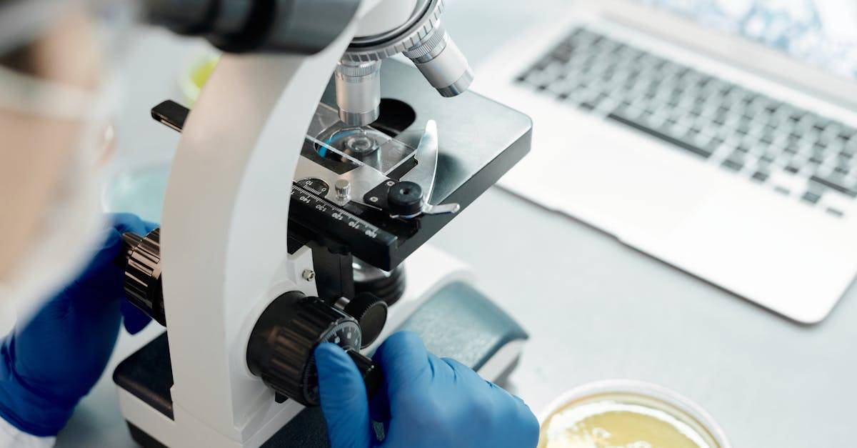 Researcher analyzing biological samples under a microscope in a laboratory.