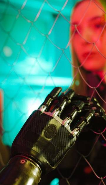 A woman interacts with a robotic hand through a fence under neon lights.