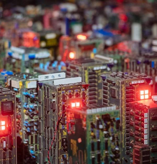 Close-up view of illuminated circuit boards resembling a cityscape, showcasing intricate electronic design.