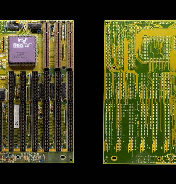 Detailed image of a vintage motherboard featuring an Intel 486 chip, showcasing the complexity of retro computing components.