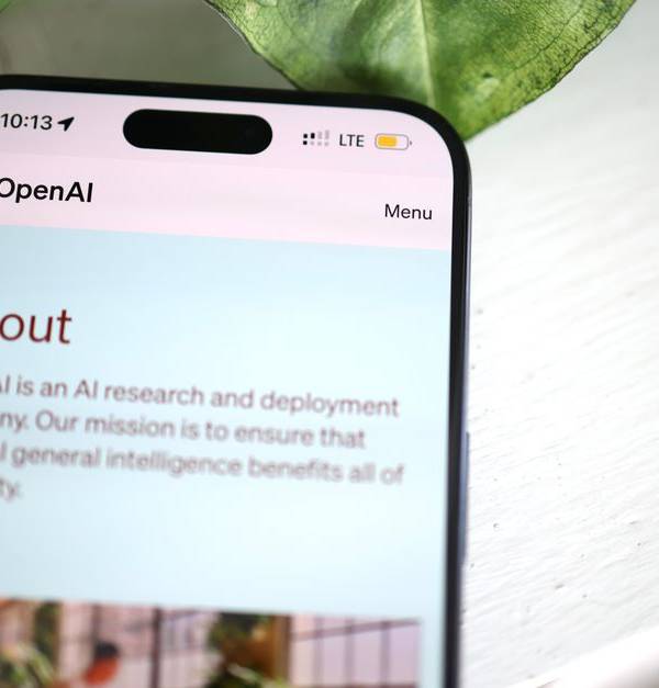 Close-up shot of a smartphone screen showing the OpenAI website with greenery in the background.