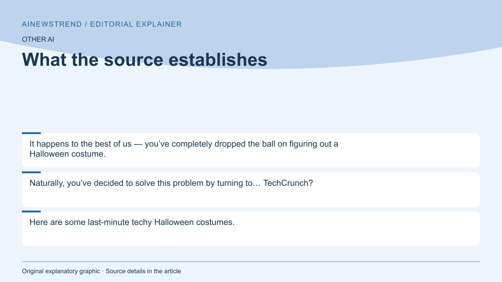Source facts for TechCrunch Suggests Last-Minute Techy Halloween Costumes: It happens to the best of us — you’ve completely dropped the ball on figuring out a Halloween costume. Naturally, you’ve decided to solve this problem by turning to… TechCrunch? Here are some last-minute techy Halloween costumes.