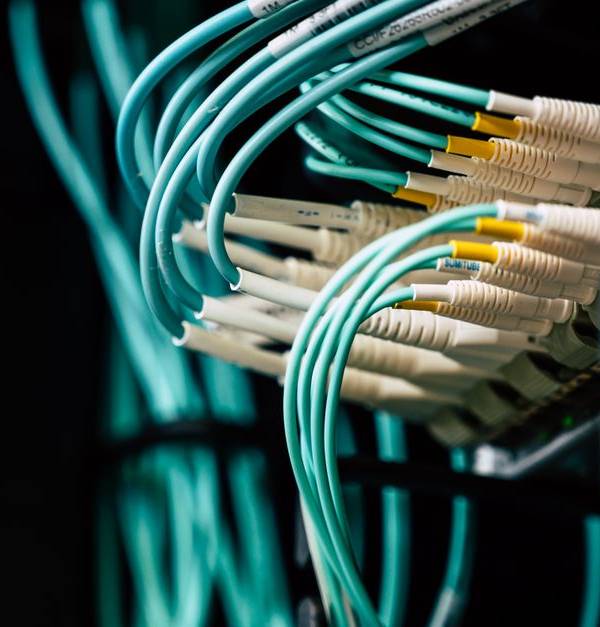 Detailed view of network cables plugged into a server rack in a data center.